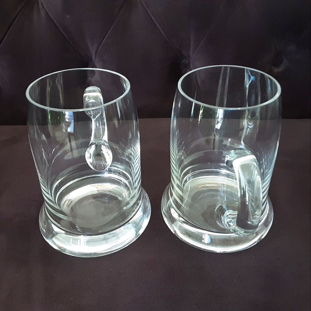 2 Hand Blown Wide Thick Bottom Glass Beer Mugs Stein Applied Handles 20 oz- Vtg
